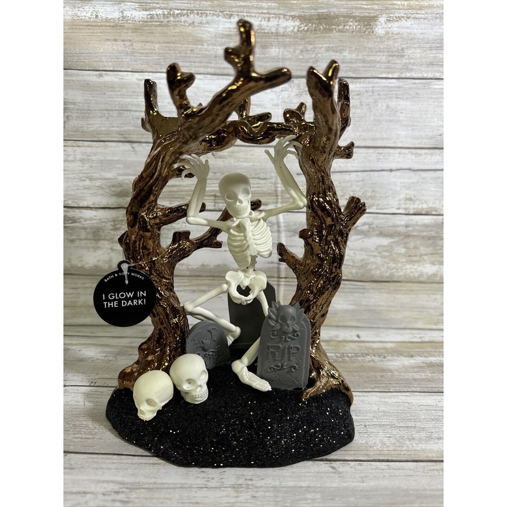 Bath & Body Works Glow In DARK Skeleton Graveyard 3-Wick Candle Holder NIB